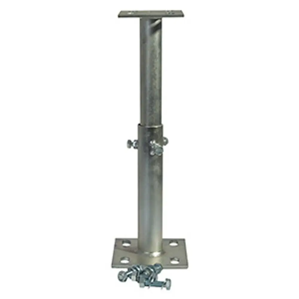 Metallischer Stützfuß mit quadratischer Grundplatte und verstellbarem oberen Teil, geeignet für Rohrgruppen. Marke Vaillant.